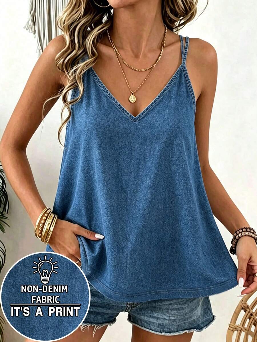 Resyla Tank Top Wanita Kasual Modis, Efek Denim, Cocok untuk Pakaian Sehari-hari dan Pesta - Biru - View 1