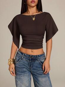 SHEIN PETITE Apricot Knit Batwing Short Sleeve Cropped T-Shirt For Women - Brown - View 6