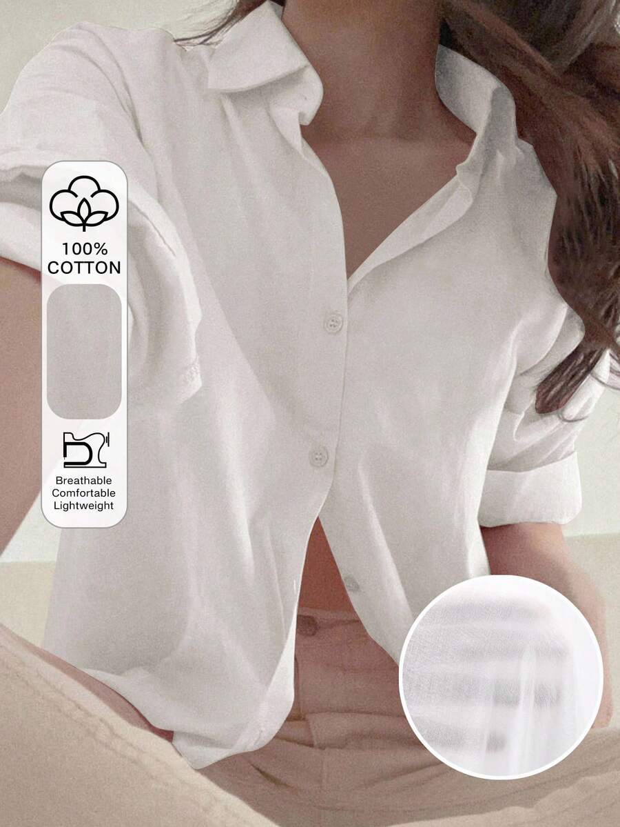 DAZY 女款寬鬆純色長袖單排扣休閒襯衫,秋季女裝薄款衣物 - 白色 - 查看 1