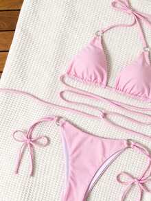 Swim SXY 女款夏季海灘素色掛脖綁帶性感比基尼三角泳褲兩件式泳衣套裝 - 粉色 - 查看 3