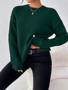 EMERY ROSE Suéter casual de manga larga con cuello redondo y hombros caídos de unicolor para mujer - Verde Oscuro - Ver 4
