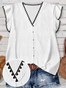 EMERY ROSE Plus Size Women's Floral Trim V-Neck Ruffle Sleeve Single Breasted Blouse - White - View 1
