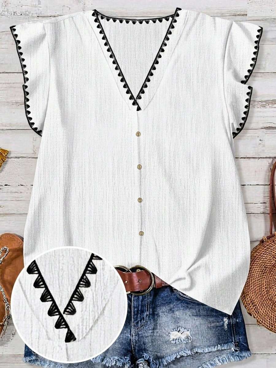 EMERY ROSE Plus Size Women's Floral Trim V-Neck Ruffle Sleeve Single Breasted Blouse - White - View 1