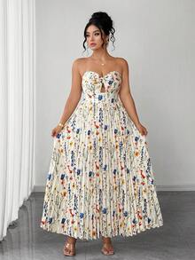 Elenzga Plus Size Women's Elegant Light Color Pleated Bustier Dress With Twisted Chest Design, Elegant Vacation & Home Wear, Slimming Long Dress For Work, Prom, Date, Party, Wedding Season, Outings - Apricot - View 5