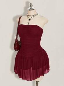 SHEIN ICON Vestido de malla plisado sin tirantes de unicolor para mujer talla grande - Burdeos - Ver 4