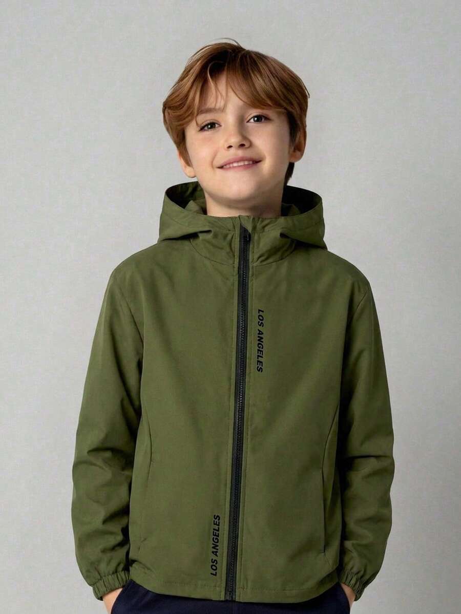 SHEIN 兒童青少年男孩休閒日常百搭舒適字母印花連帽寬鬆長袖輕量梭織秋冬外套 - 軍綠色 - 查看 1