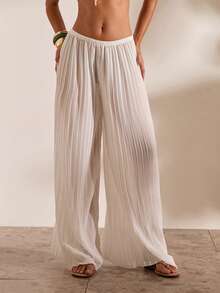 Opulessa Damen Einfarbige Elastische Taille Weite Beine Locker Lässig Lange Hose - Weiss - Übersicht 5