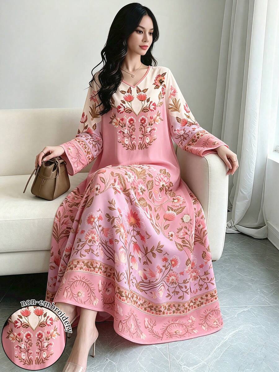 SHEIN Najma 花卉蕾絲圖案印花粉色洋裝,女款時尚V領長袖洋裝,優雅Xhosa傳統印尼阿拉伯風格服飾,夏季 - 彩色 - 查看 1