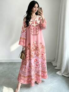 SHEIN Najma 花卉蕾絲圖案印花粉色洋裝，女款時尚V領長袖洋裝，優雅Xhosa傳統印尼阿拉伯風格服飾，夏季 - 彩色 - 查看 4