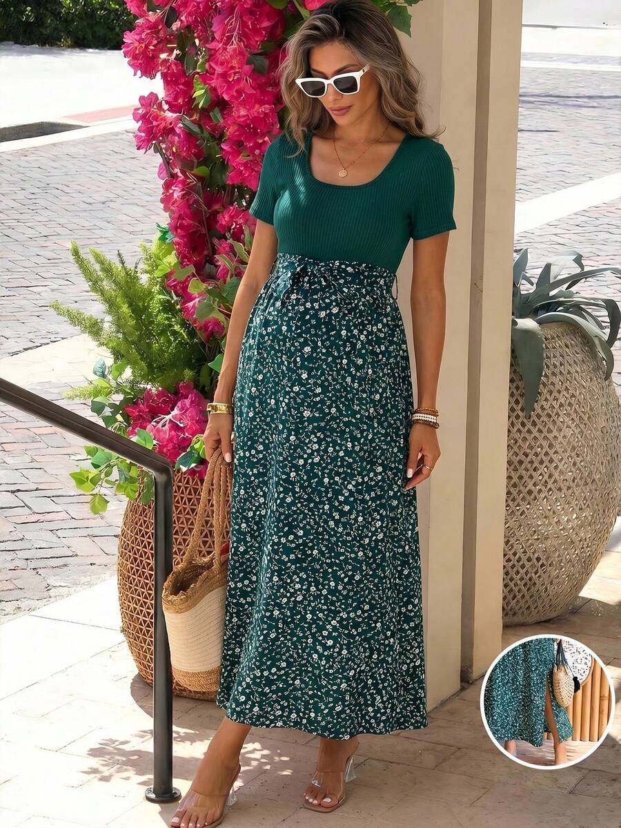 SHEIN 孕婦花卉印花拼色休閒日常外出洋裝 - 綠色 - 查看 1