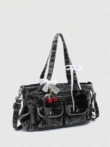 ROMWE Goth Ladies Vintage Old Gradient Camouflage Heart Pendant Decorative Shoulder Strap Shoulder Handbag, Large Capacity Shoulder Bag Multiple Pockets - Cowboy Diablo - View 2