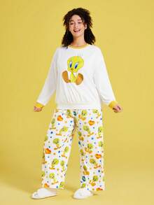 LOONEY TUNES X SHEIN 加大码宽松拼色黄色和白色 Tweety 印花长袖上衣和裤子睡衣套装，适合秋冬季穿着， - 白色 - 查看 4
