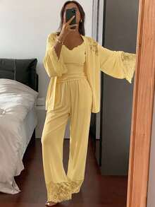 DAZY 3pcs Charming Lace Patchwork Lapel Camisole & Long Pants Women's Pajama Set - Yellow - View 1