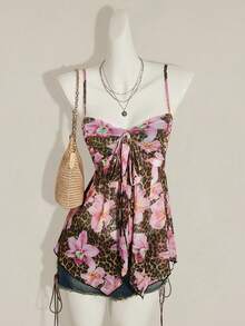SHEIN ICON 女款印花細肩帶網眼背心上衣，度假休閒風 - 彩色 - 查看 5