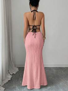 Rafferiza Women's Spring/Summer Exquisite Sexy Vacation Outing Date Outfit Textured Fitted Knit Spaghetti Strap Spaghetti Strap Black Contrast Trim Bodycon Dress - Pink - View 2