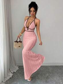 Rafferiza Women's Spring/Summer Exquisite Sexy Vacation Outing Date Outfit Textured Fitted Knit Spaghetti Strap Spaghetti Strap Black Contrast Trim Bodycon Dress - Pink - View 6