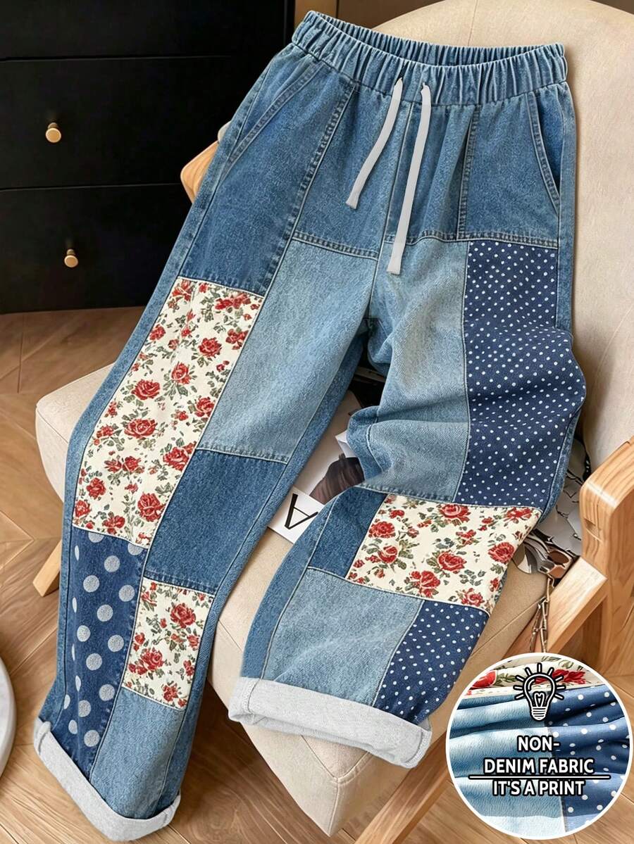 Resyla Women's Casual Floral Print Wide Leg Pants, Fashion Denim Effect Trousers, Stylish And Versatile For Spring/Autumn - Multicolor - View 1