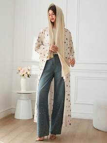 Yasmyna Women's Floral Print Long Sleeve Loose Arabic Abaya - Khaki - View 4