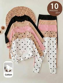 SHEIN 10pcs Set Baju dan Celana Panjang Rajut Warna Polos Motif Hati Kerah Berkerut untuk Bayi Perempuan Musim Gugur/Dingin - MultiWarna - View 6