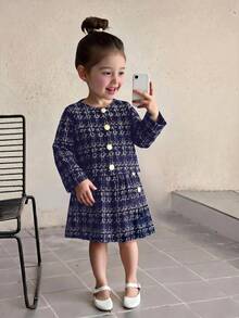SHEIN Firerie Kids 少女圓領長袖金屬鈕扣裝飾夾克搭配貼身裙都市時尚套裝 - 藍色 - 查看 6