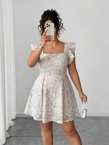 Elenzga 大尺碼春夏卡其底色白色蕾絲印花方領荷葉邊飛袖短版優雅女款A字派對洋裝 - 卡其色 - 查看 6