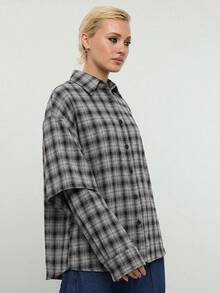 COUREZ 長袖寬鬆格紋雙層襯衫/Y2K Grunge街頭風女款秋季灰色格紋休閒外出穿搭日常穿搭 - 黑色 - 查看 5
