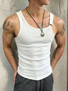 Manfinity Dauomo Men's Summer Fashion Solid Color Ribbed Oblique Shoulder Slim Fit Tank Top - White - View 3