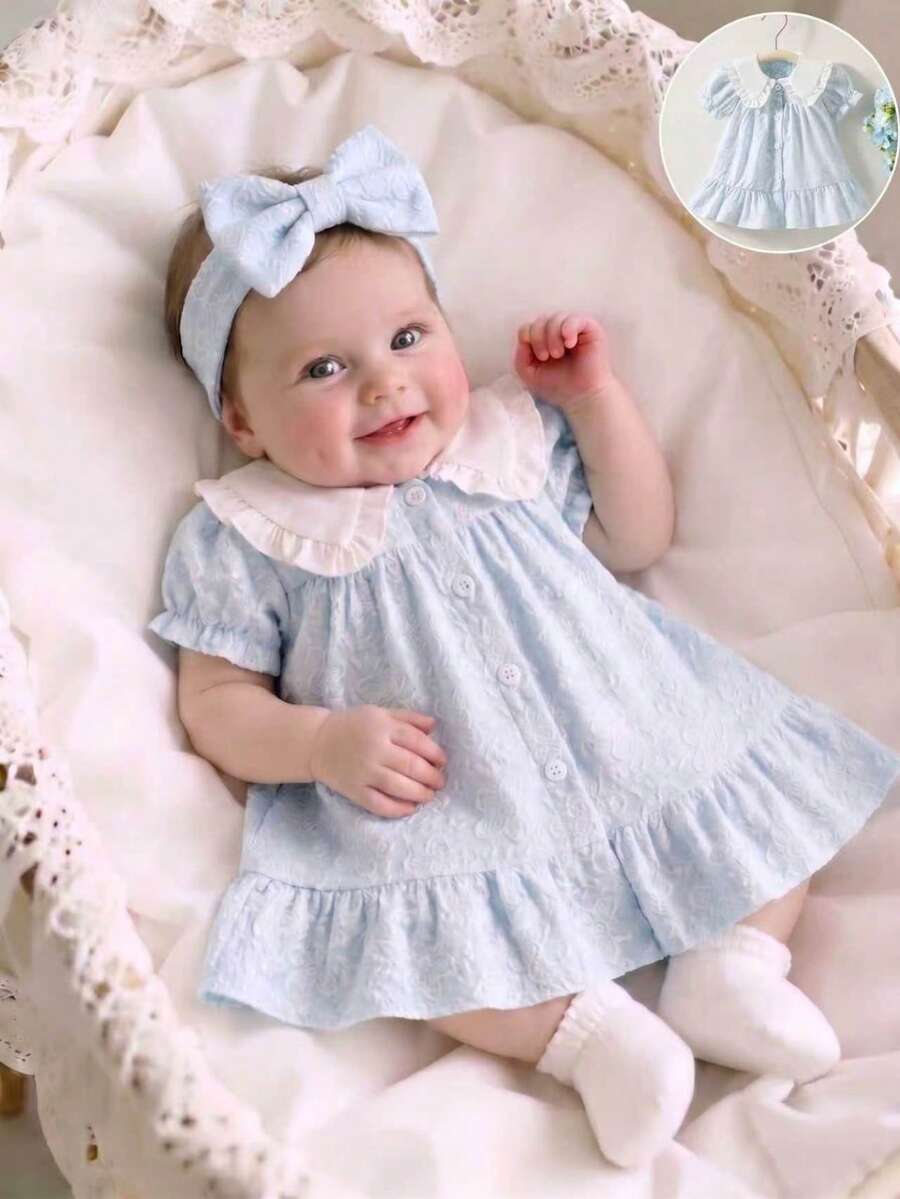 SHEIN 新生兒可愛卡通愛心圖案肩帶蝴蝶結裝飾洋裝,適合春夏、外出、公主甜美風、度假與派對 - 淺藍色 - 查看 1