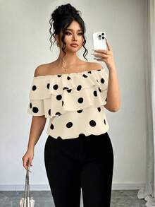 Elenzga Plus Size Women's Classic Polka Dot Print Layered Ruffle Off-Shoulder Blouse - Apricot - View 4