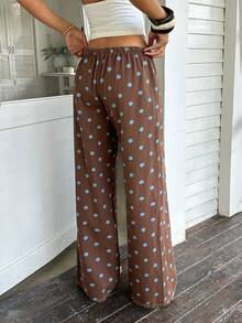 Sunnyshic Women's Polka Dot Decor Straight Leg Loose Fit Pants - Coffee Brown - View 2