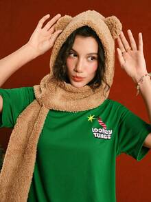 LOONEY TUNES X SHEIN Camiseta de manga corta con cuello redondo y estampado de dibujos animados navideños para mujer - Verde - Ver 8