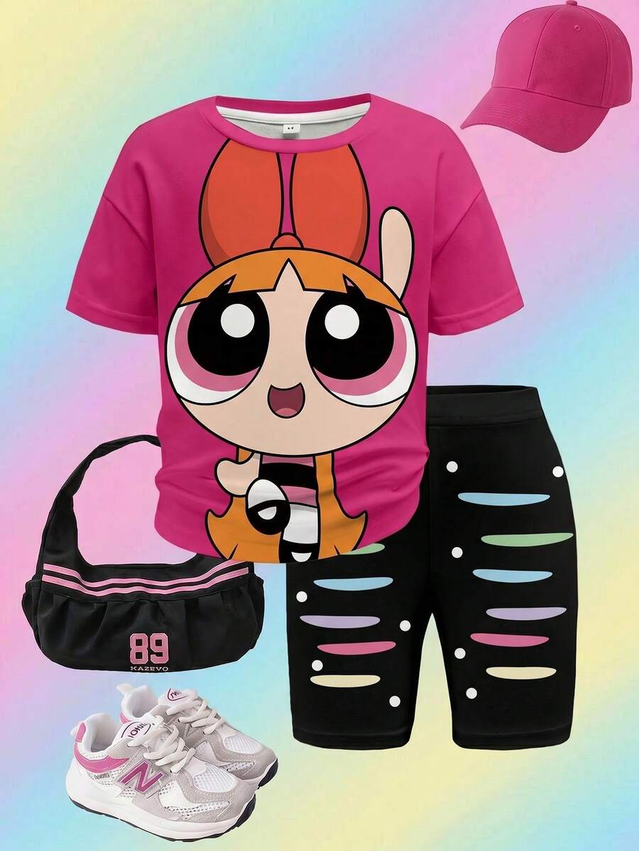 THE POWERPUFF GIRLS X SHEIN 少女花朵图案圆领短袖T恤和彩色印花短裤套装 - 白色 - 查看 1