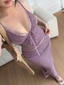 Dazy Plus 2pcs/Set Women's Plus Size Spring/Summer Outfit, Contrast Lace Neckline Bow Decor Fitted Camisole Top & Elegant Purple Wrap Skirt Vacation - Lilac Purple - View 5
