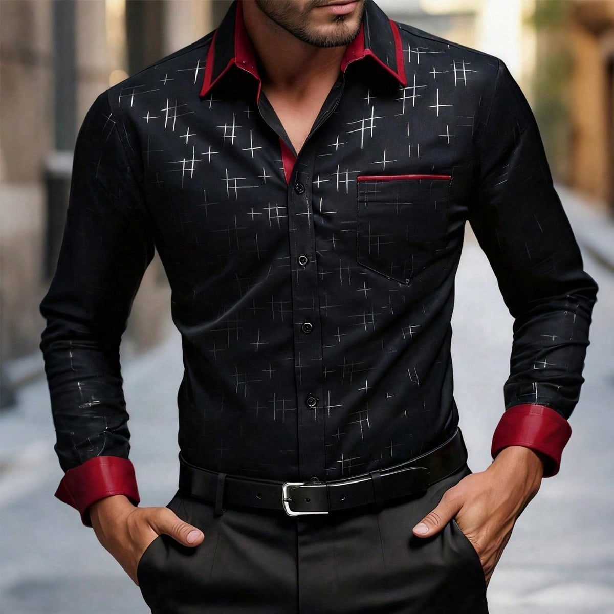 Camisa de lujo de manga larga para hombre, cuello con bloques de color negro y plateado, abotonada, estilo elegante de dinero antiguo para otoño, cam