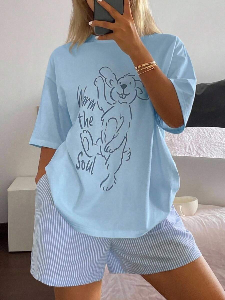 DAZY 可愛小狗印花寬鬆T恤上衣與條紋短褲套裝 女款睡衣套裝 - 藍色 - 查看 1