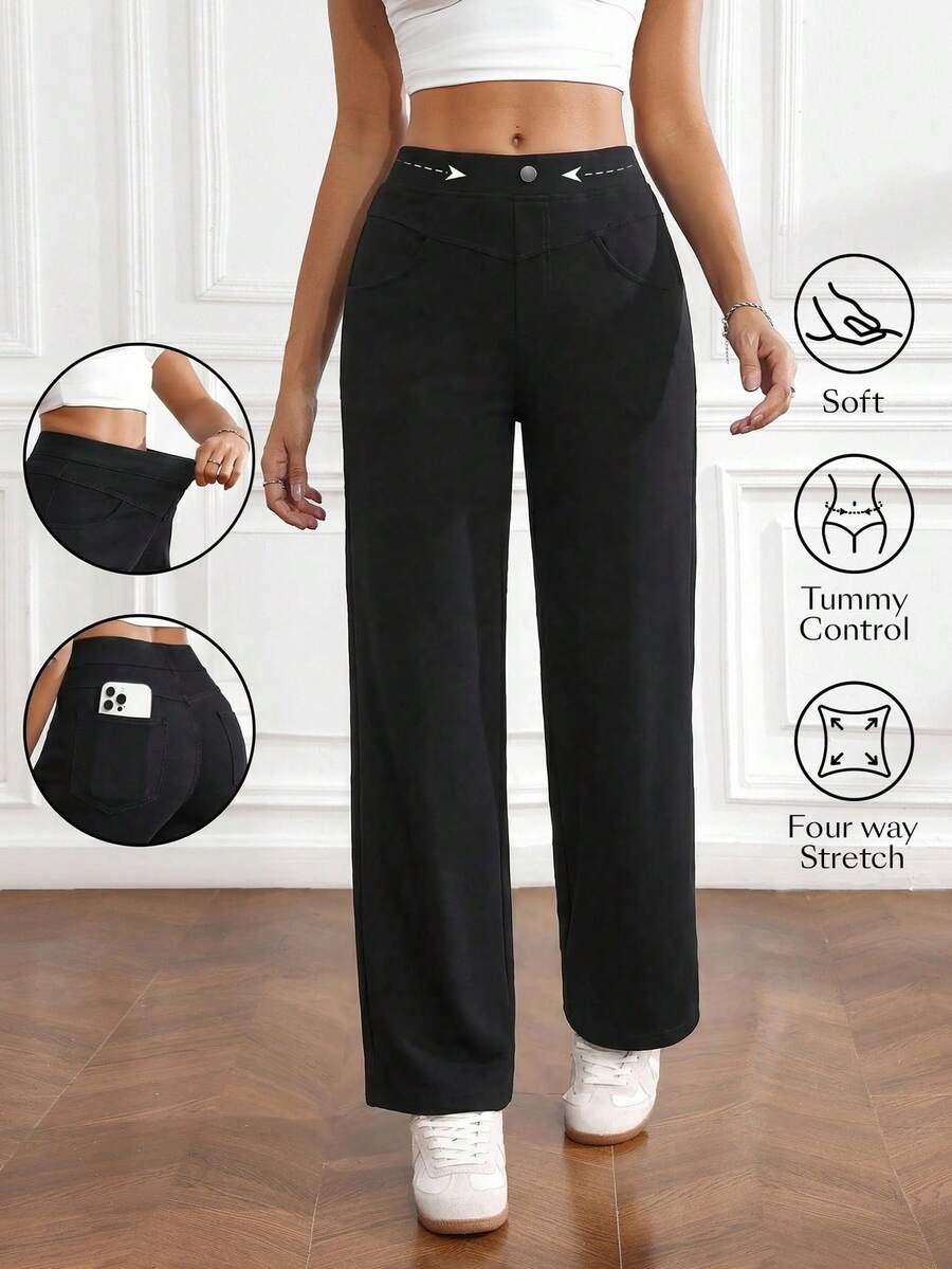 Flexra Jeans cómodos de pierna recta con alta elasticidad para mujer - Negro - View 1