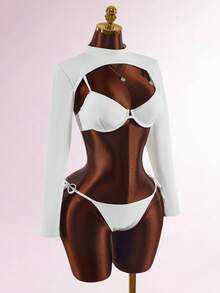 Amplova Women's 3 Pieces All White Sexy Sports Style Swimwear, Cute Underwire Design Beach Party Summer - White - View 11