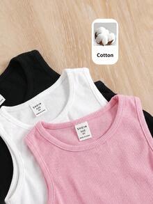 SHEIN Young Girl Knit Solid Color Round Neck Ruched Casual Tank Top 3pcs Set - Multicolor - View 3