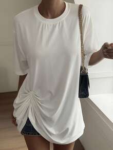 Livesso Women's All White Summer Casual Everyday Loose Top With Pleated Asymmetric Hem,Street Style Short Sleeve T-Shirt For Music Festival Vacation Office - White - View 8