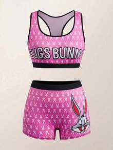 LOONEY TUNES X SHEIN Cartoon Print Sports Pink Racerback Bra And Shorts 2 Pieces Set - Black - View 1