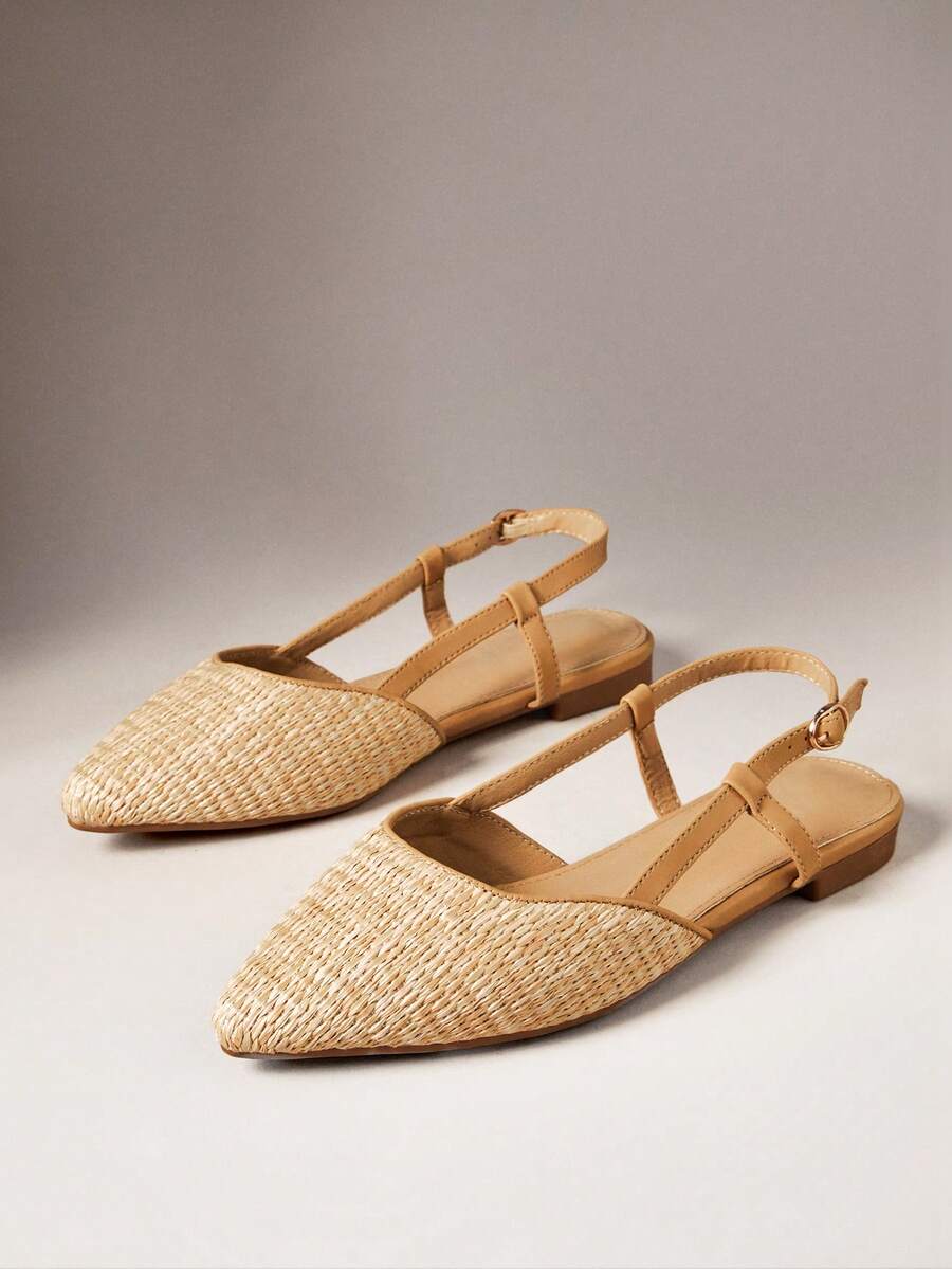 SHUZIA Women Comfortable Pointy Toe Flat Sling Back Raffia Flats For Christmas Valentine's Day - Beige - View 1