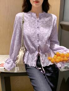 DAZY Women's Solid Color Lace Splice Drawstring Hem Ruffle Tie Elegant Vacation Blouse, Spring/Autumn Long Sleeve - Purple - View 3