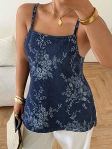 Dazy Plus Top de tirantes rectos de mezclilla con estampado floral, estilo vacacional, tallas grandes para mujer, primavera/verano - Azul lavado oscuro - Ver 6