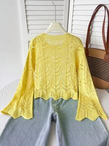 Tween Girl Solid Color Simple Hollow Out Round Neck Pullover Hoodie - Yellow - View 6