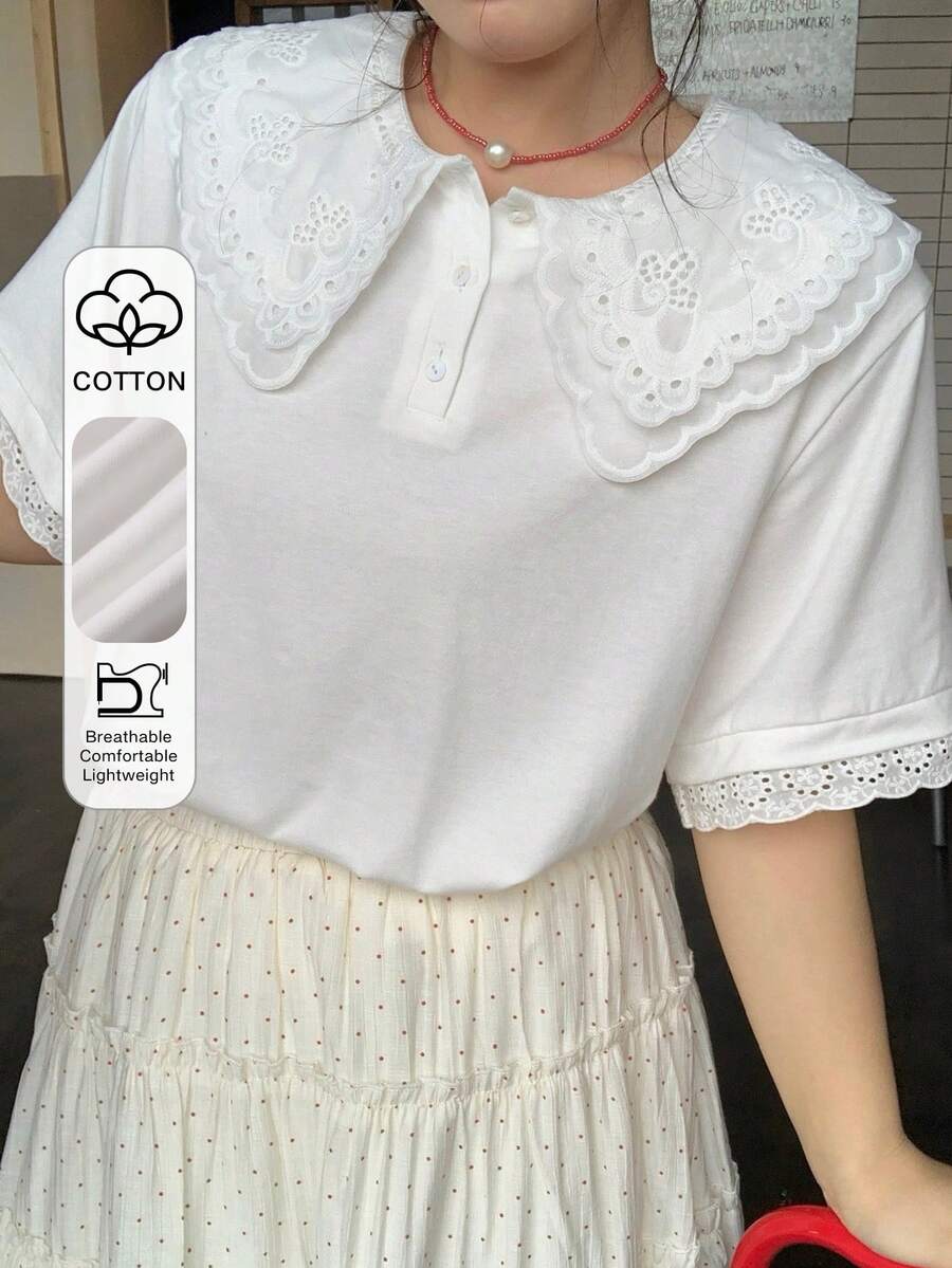 Dazy Plus 大尺碼蕾絲拼接彼得潘領短袖T恤,優雅休閒大尺碼女款,春夏可愛上衣 - 白色 - 查看 1