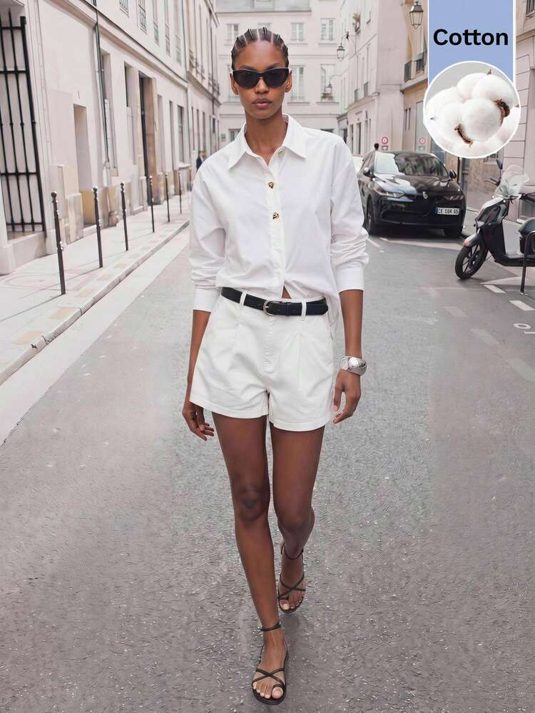 SHEIN Maija 2026 Chemise ample pour femmes avec décorations métalliques sur le col, manches longues, style moderne. Convient pour la transition vers le début de l'automne et la rentrée scolaire. Chemise blanche à boutons, chemisier blanc, chemise blanche col chemisier, chemise blanche ajustée pour femmes, chemisier blanc élégant pour femmes, chemise blanche à boutons pour femmes, pour l'automne, l'hiver, Halloween, les fêtes, la Saint-Patrick, Pâques, l'été, les vacances, la remise des diplômes, les tenues décontractées.