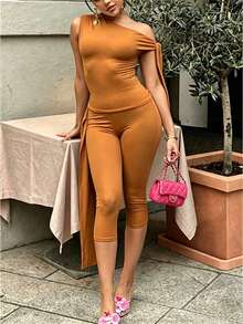 Zyxie 女款素色不對稱肩上衣與貼身內搭褲休閒日常兩件套 - 棕色 - 查看 5