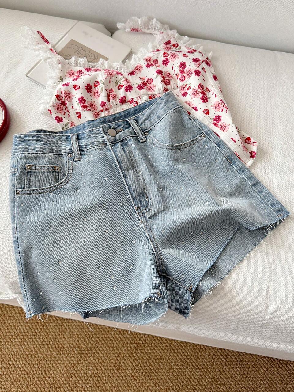 Women's Summer Rhinestone Frayed Hem Casual Denim Shorts, Street Style Leisure Shorts