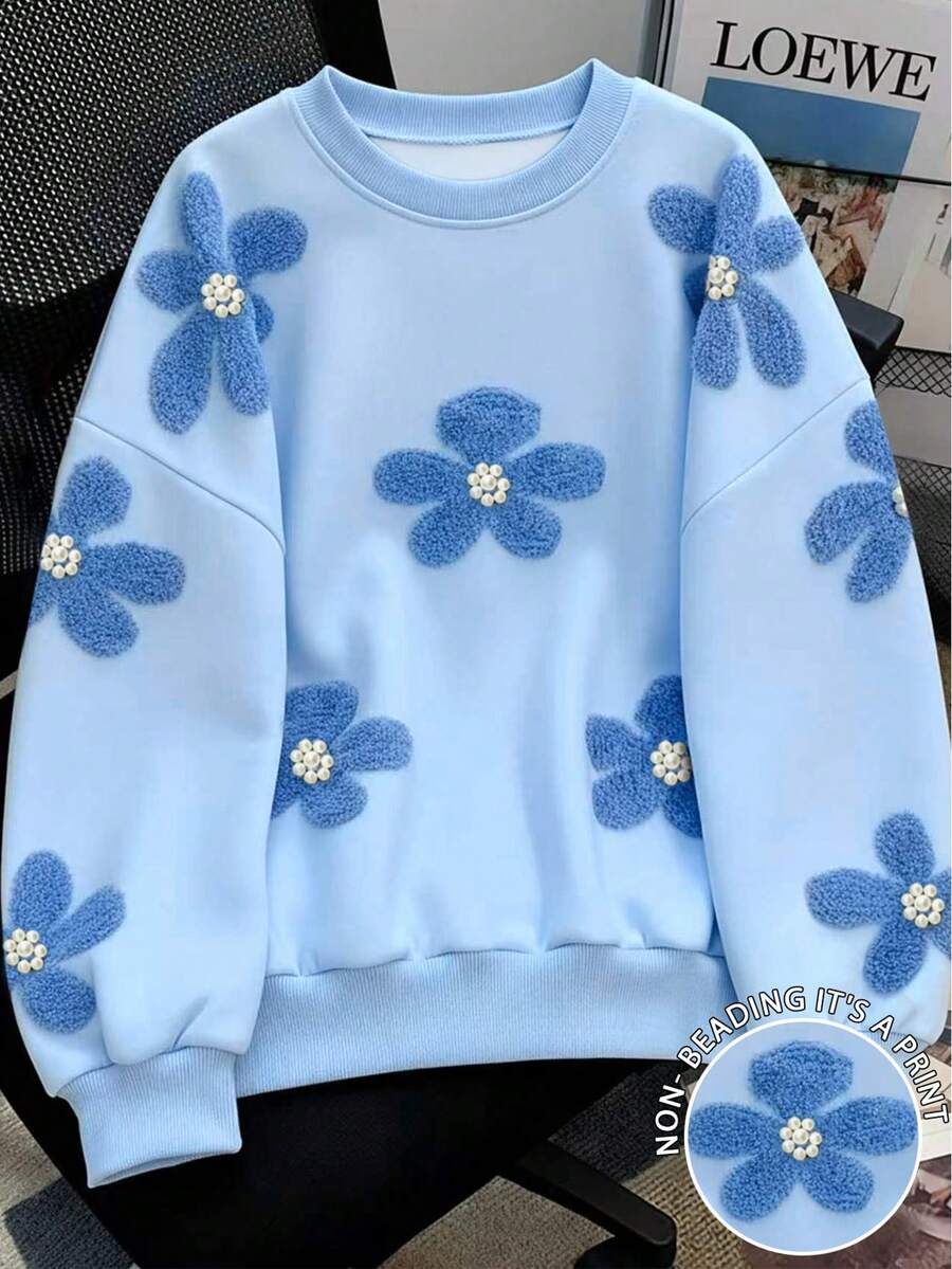 SHEIN 女士仿珍珠花卉数码印花圆领卫衣 - 彩色 - 查看 1