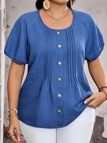EMERY ROSE Plus Size Women's Summer Navy Blue Boho Casual Vacation Top Puff Sleeve Single-Breasted Pleated Design Faux Denim Midi Holiday Beach Office Date Night - Blue - View 11